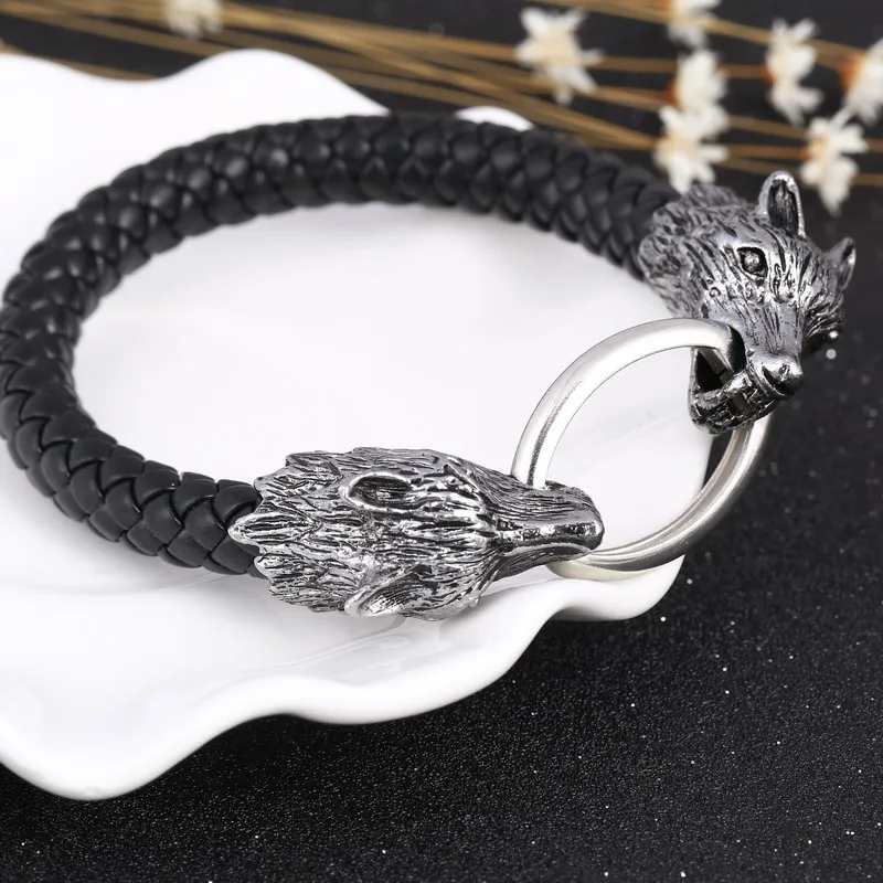 Мужской кожаный плетеный браслет с волчьей головкой браслеты в стиле панк