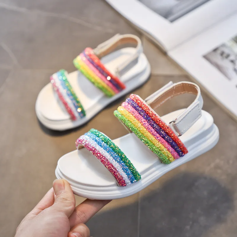2019 новая детская обувь радужные сандалии для девочек блестящая Летняя пляжные