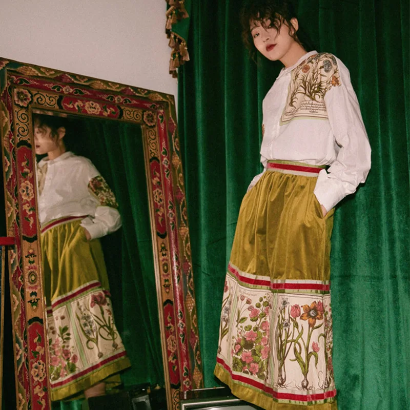 Женская бархатная юбка миди Cheerart зеленая длинная юбка-трапеция с завышенной