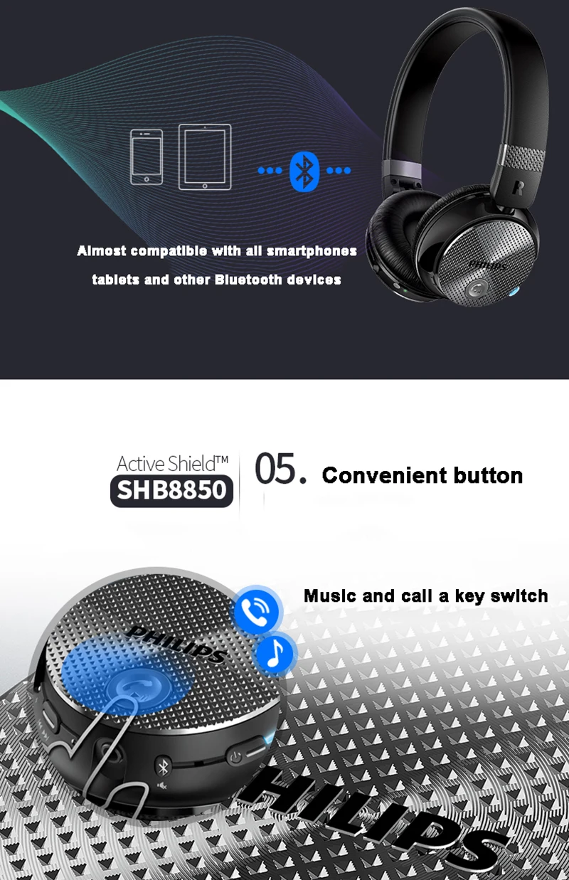 Philips SHB8850 Active шум шумоподавления беспроводной Bluetooth наушники NFC гарнитура с микрофоном официальное подтверждение