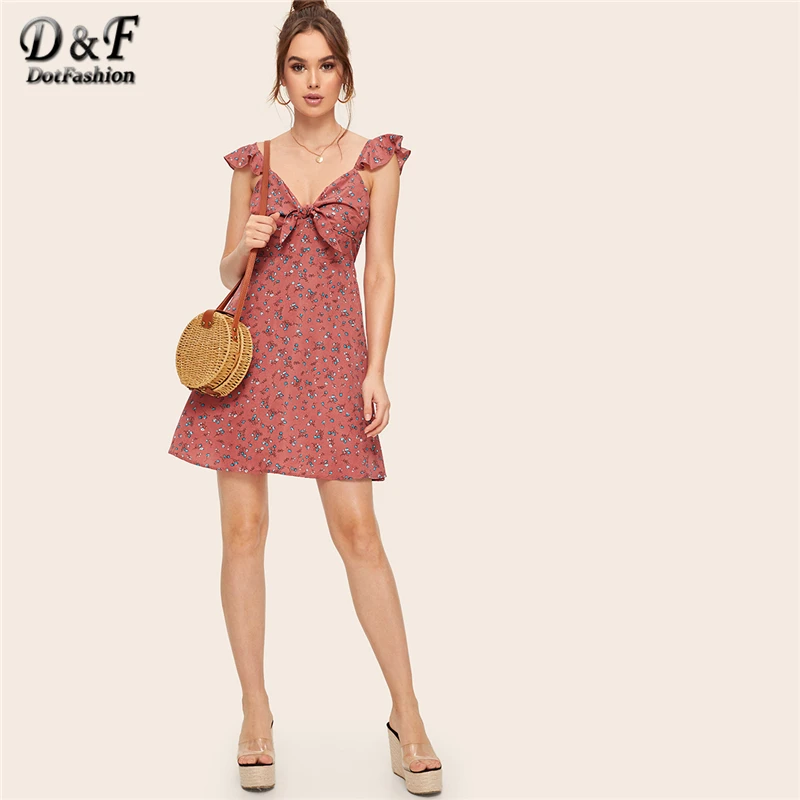 Dotfashion, розовое платье с цветочным узором и бантом на шее, с оборкой, женское платье,, бохо, милое, без рукавов, ТРАПЕЦИЕВИДНОЕ, с высокой талией, короткое платье