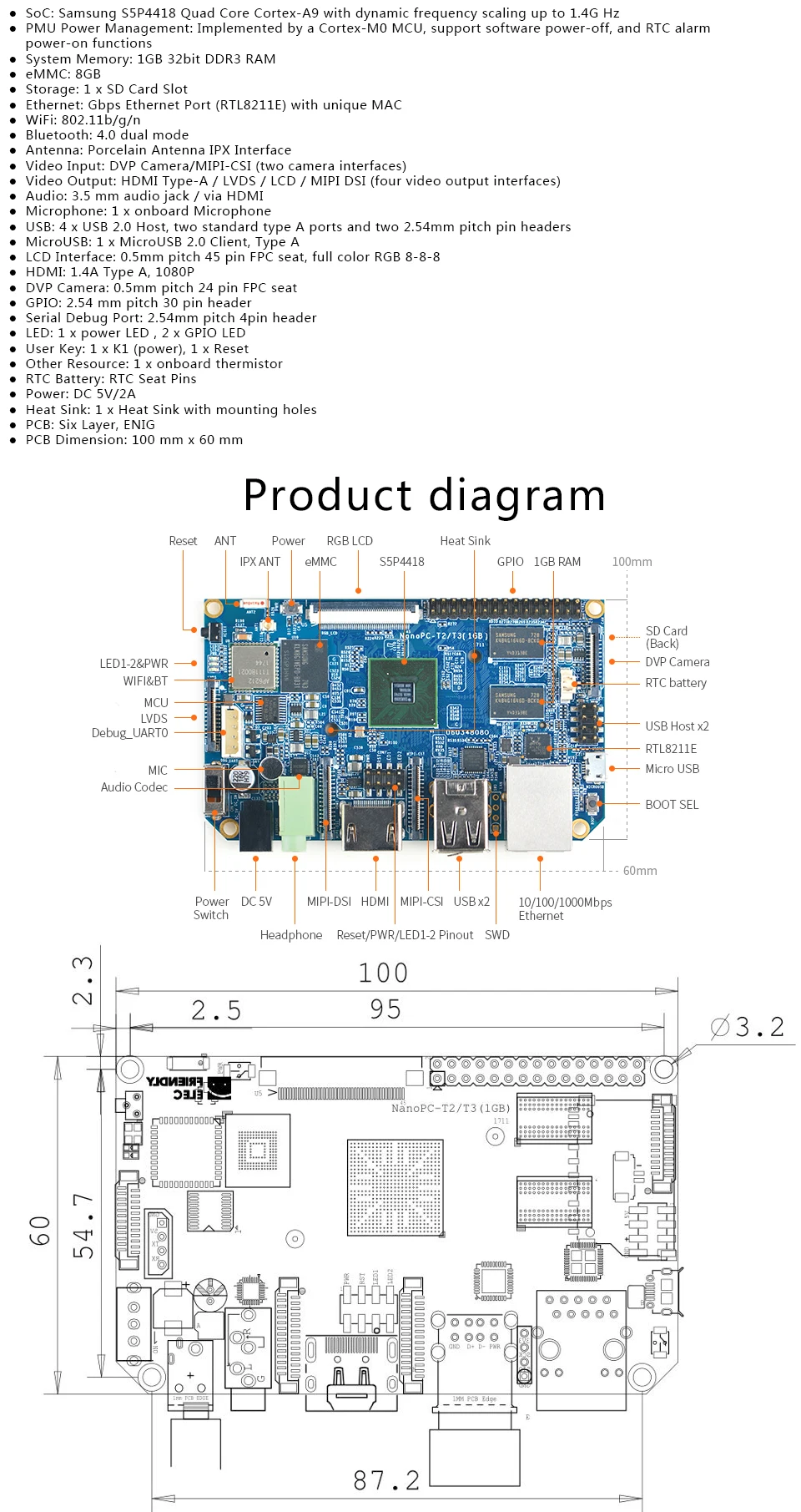 FriendlyELEC NanoPC-T2 бортовой WiFi и bluetooth четырехъядерный Cortex-A9 макетная плата S5P4418 карта компьютер 100x60 см