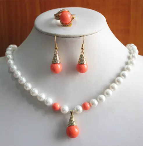 

Wedding New Design Women'S 8mm White Pearl Necklace Earring Ring Jewelry Set real newjewelry