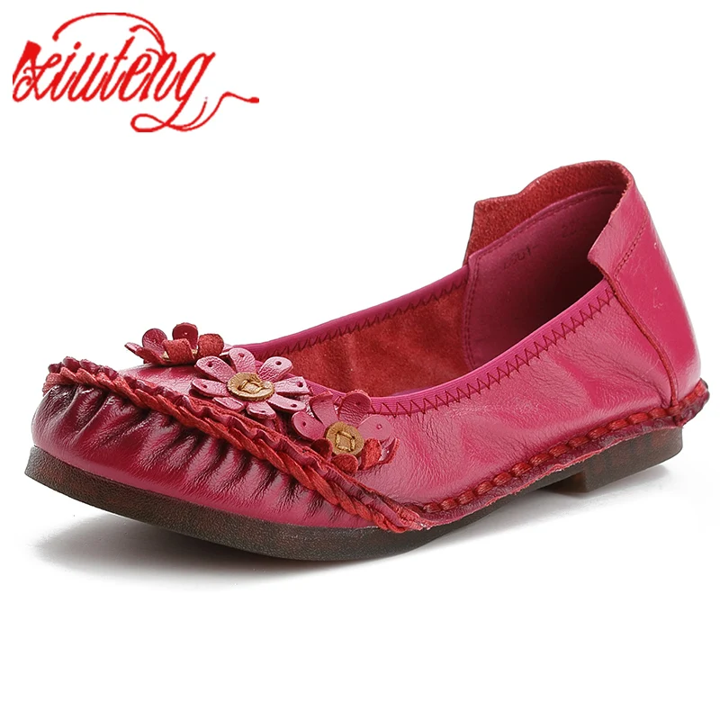 Xiuteng 2022 Summer Autumn Fashion Flower Design Round Toe Casual Women's Shoes National Wind Genuine Leather Women Flats Girl