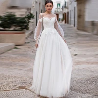 sexy sheer neckline wedding dresses bohemian puff long sleeves appliques lace wedding gowns buttongth vestido de noiva for bride