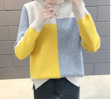 light coffee yellow Neploe Цветные Лоскутные Модные женские свитера размера плюс, вязаные женские свитера осень зима пуловер 69043 - Цвет: light coffee yellow