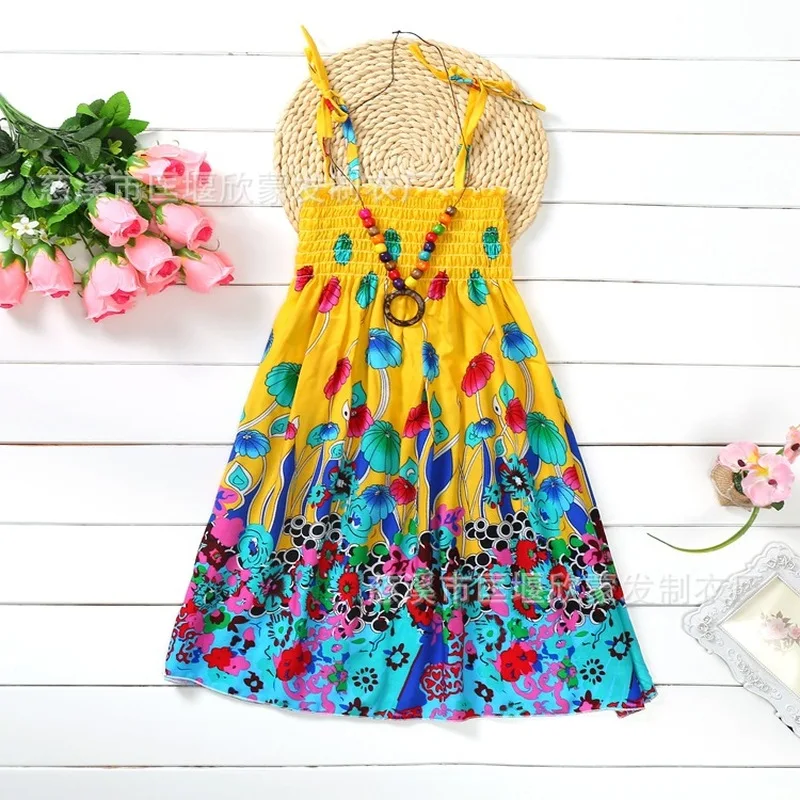 2019 Summer Beach Youth 3-12 Years Old Baby Girl Dress Bohemian Flower Princess Sling Necklace Holiday | Детская одежда и обувь