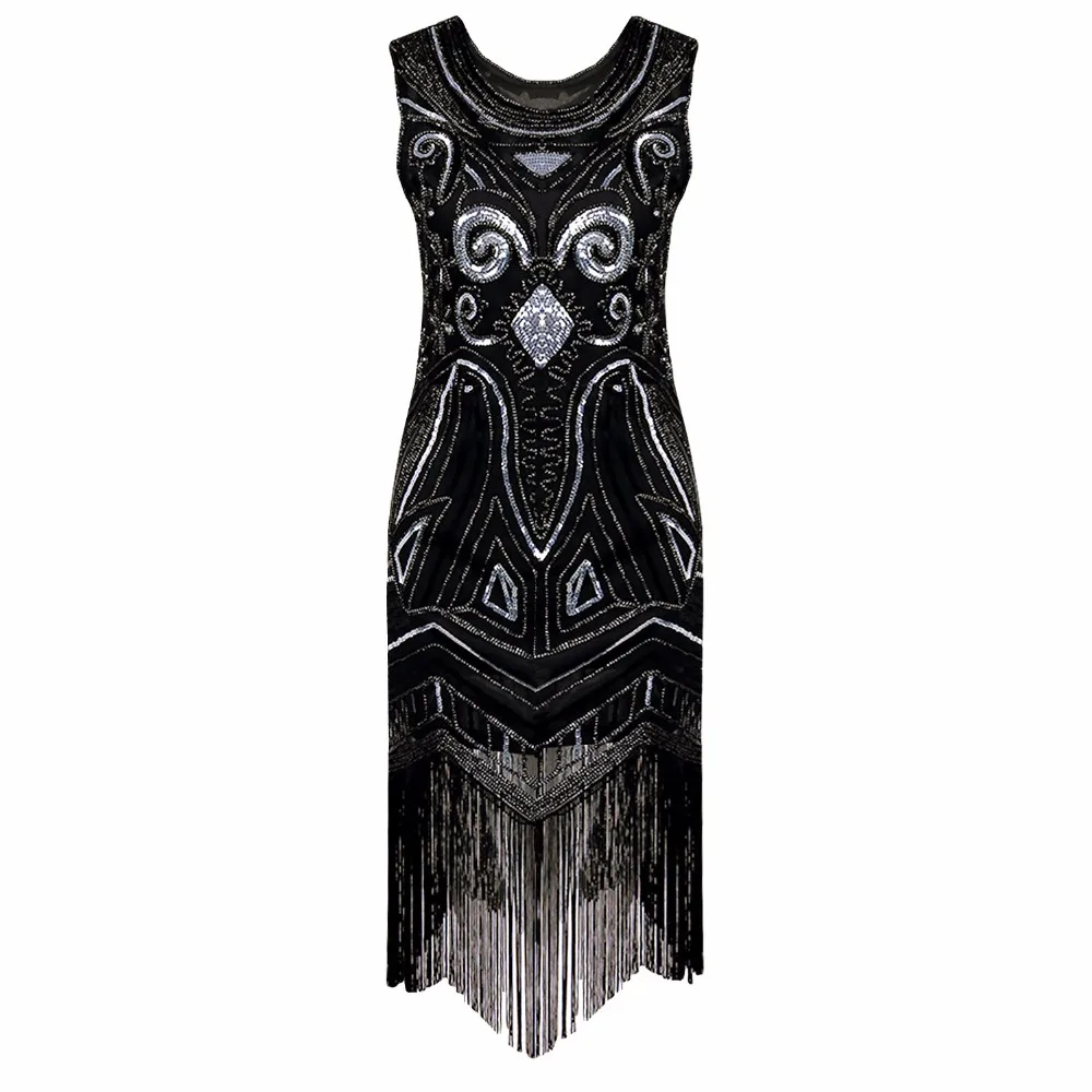 

Women Black 1920s Vintage Gatsby Flapper Dress Art Nouveau Deco Sequin Beaded Fringe Fancy Costumes Summer Party Dress Vestido