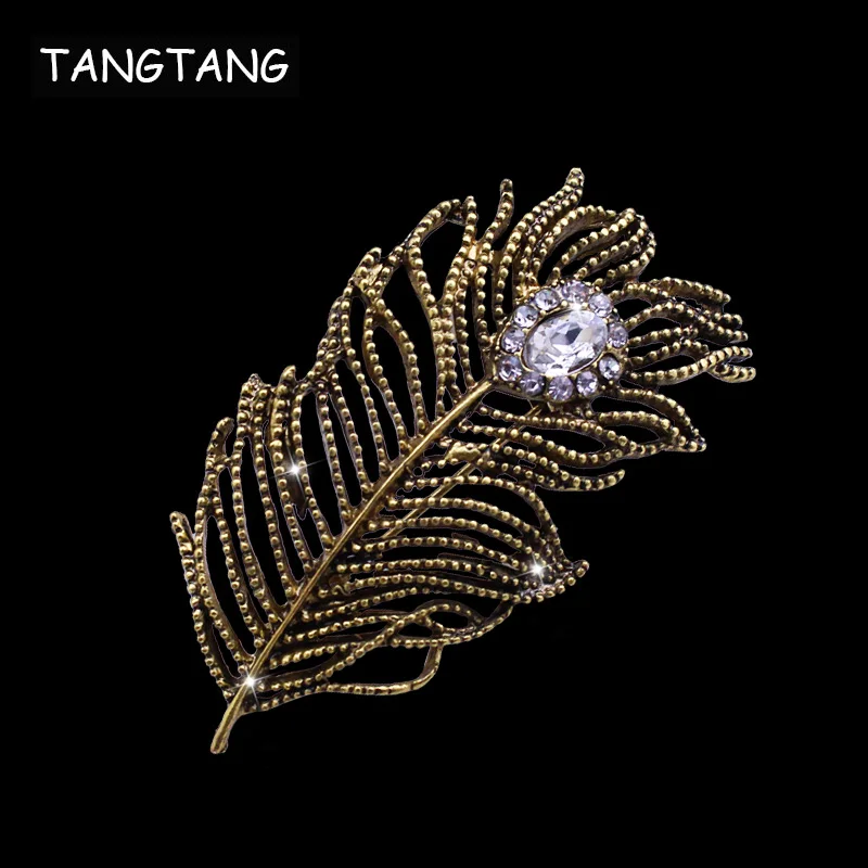 Vintage Antique Bronze Scarf Brooches Clip Jewelry For Women Feather Style Coat Dress Rhinestone Broches Mujer Decoration Gift | Украшения
