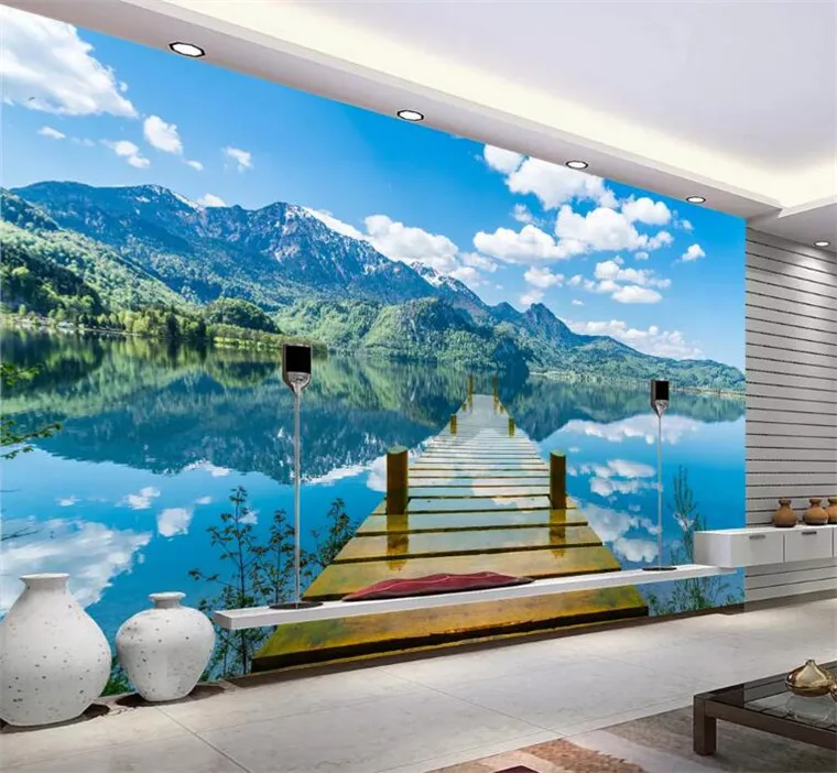 

3D Wallpaper Nature Scenery Blue Sky Wooden Bridge Lake Photo Wall Mural Living Room TV Sofa Backdrop Wall Papers For Walls 3 D