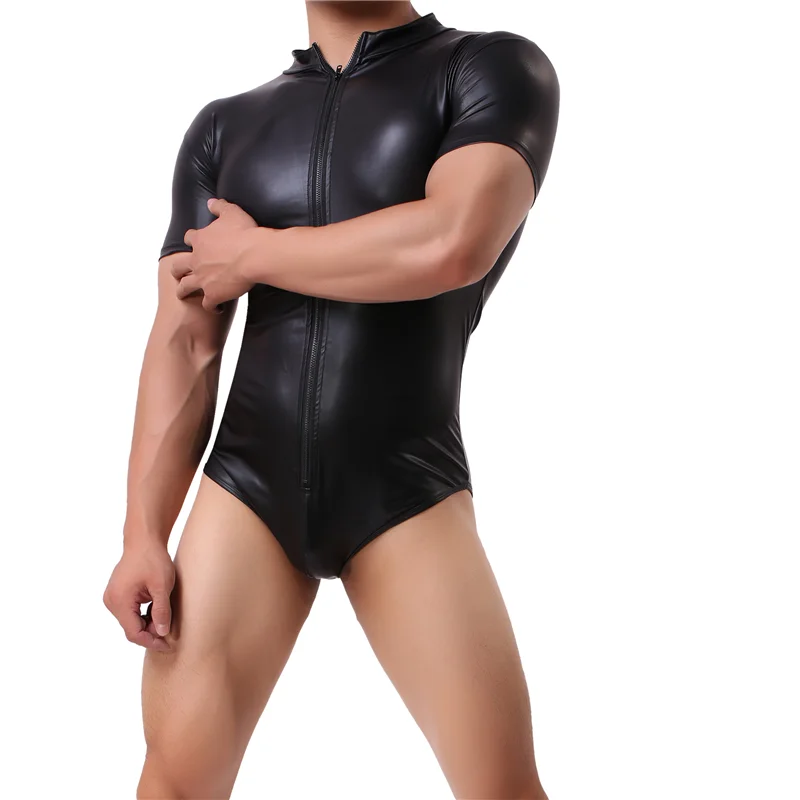 Men Faux Leather Shapers Comfortable Man Sexy Fitness Bodybuilding Sheer Bodysuit Gay Slim Zipper Shaper Underwear Shapewear