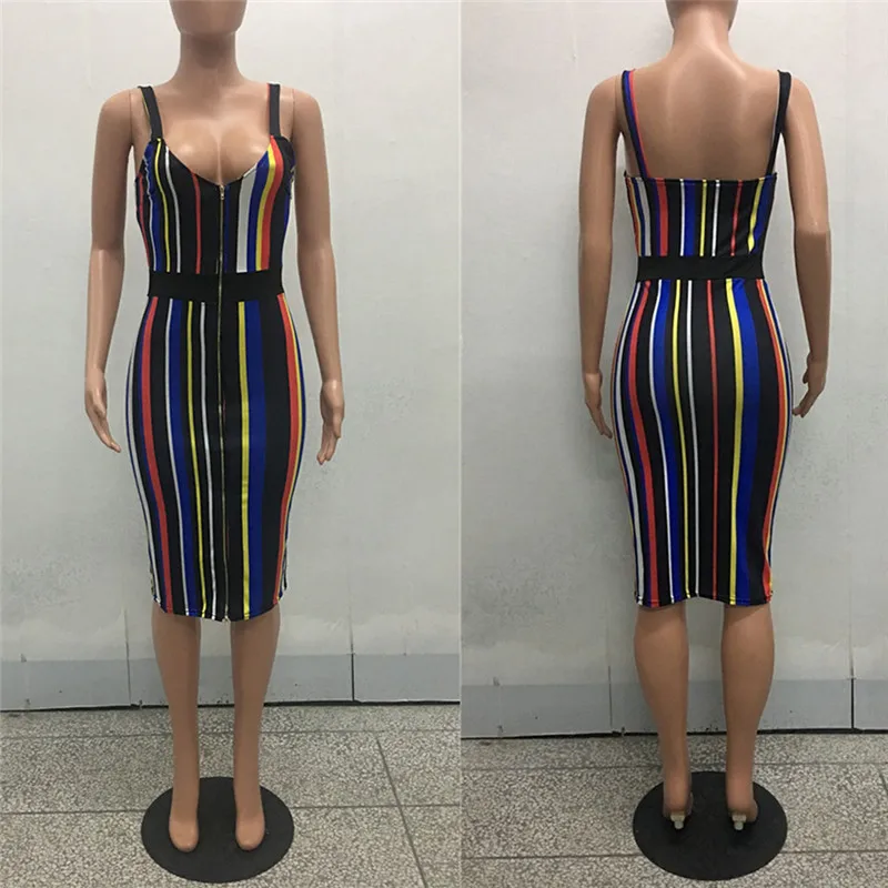 Летние глубокий v образным вырезом Спагетти ремень женское платье Bodycon полосатый