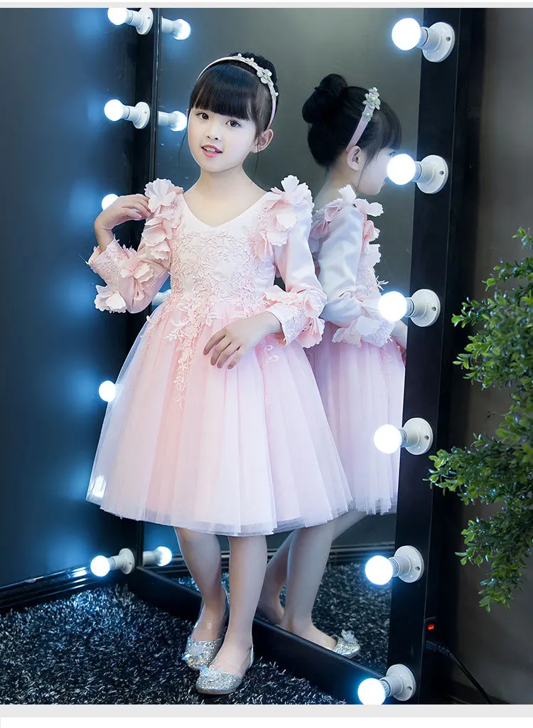 2017 Autumn Children's Wedding Evening Birthday Ball Gown Dress Girl Petal Long-Sleeved Party Princess Kids Show | Детская одежда и