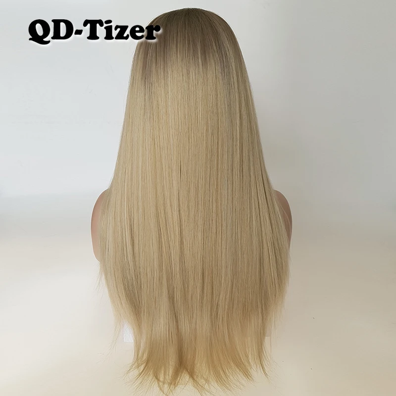 QD-Tizer светлые волосы длинные шелковистые прямые Омбре светлые цвета парик фронта шнурка бесклеевой темный корень синтетические парики фронта шнурка