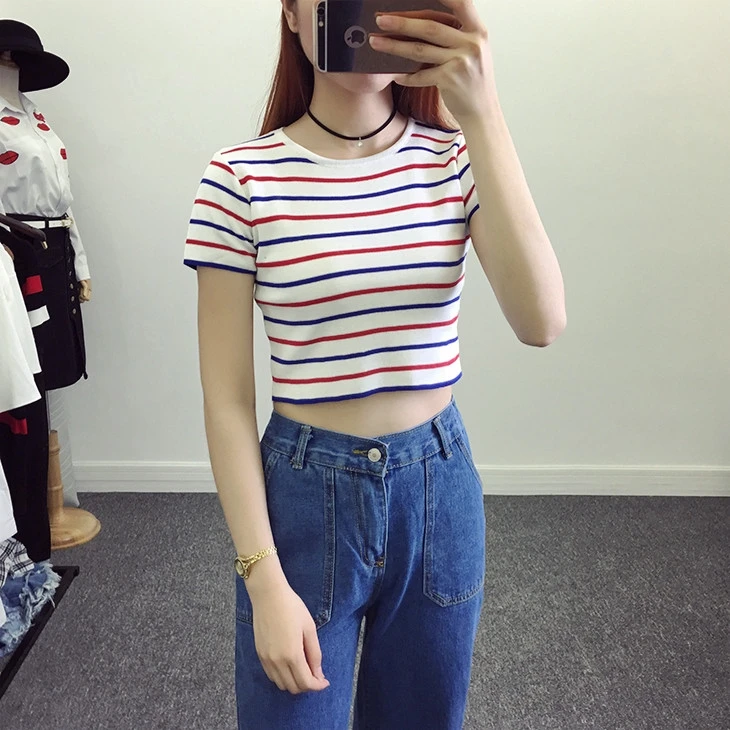 

Women Sexy Short Sleeve Tops Tight Striped Knit Shirt Clothing