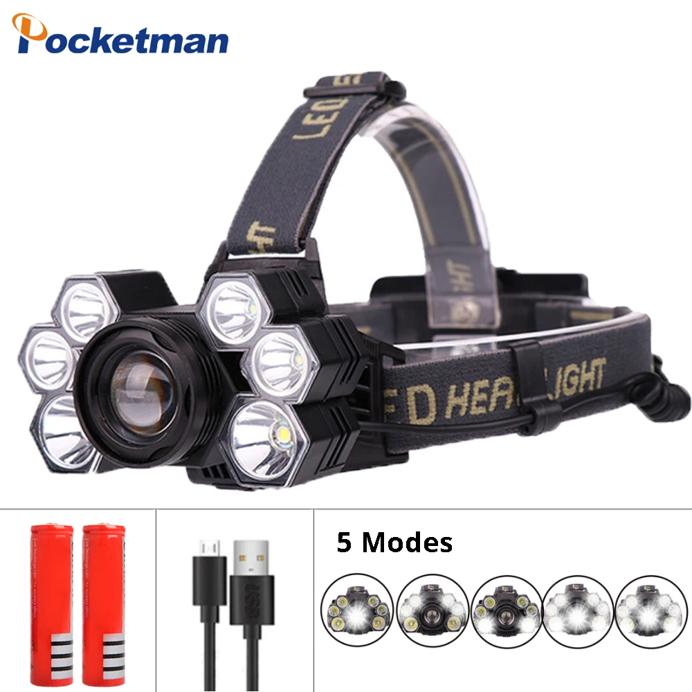 Налобные фонари 3 * T6 + 2 XPE светодиодная лампа 5 режимов зуммируемая фара USB