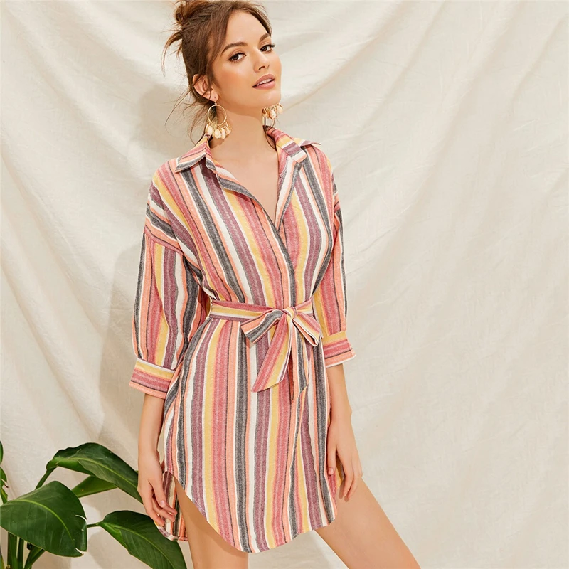 Sheinside Casual Colorful Stripe Print Shirt Dress Women Summer 3/4 Sleeve Straight Dresses Ladies Mini Dress