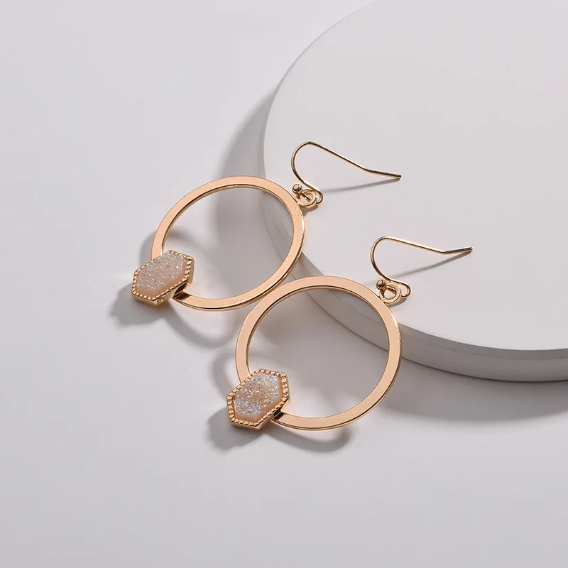 

PAVE Oval Hexagon DRUZY Resin Quartz Dangle Drops Hook Earrings for Women