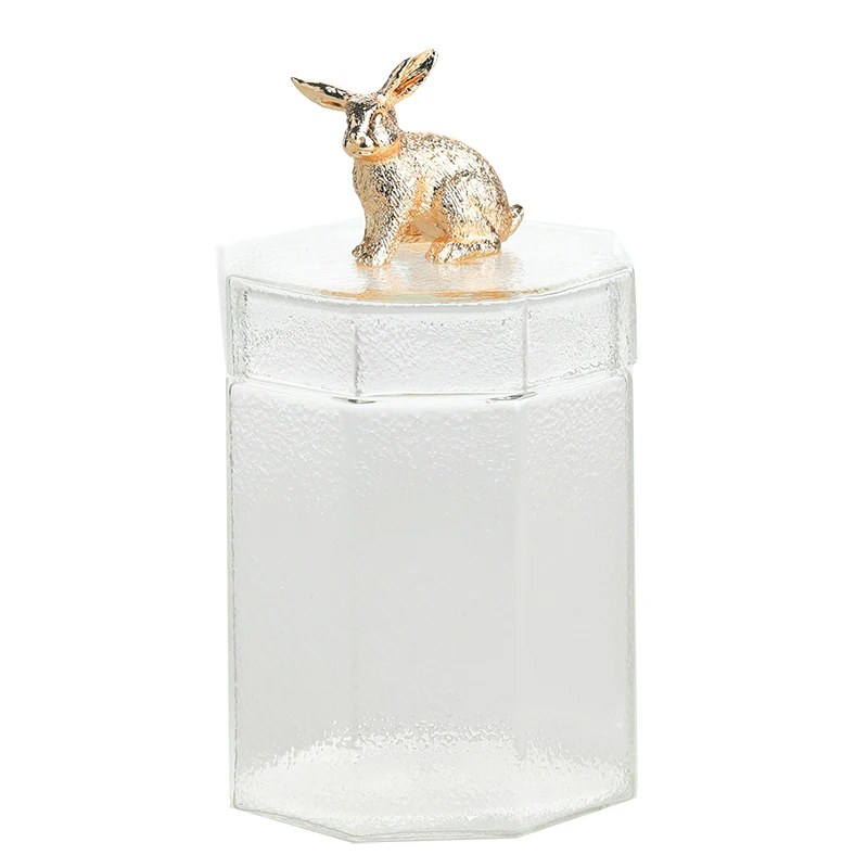 Rabbit Роскошная стеклянная банка для хранения Позолоченные фигурки животных Крышка Чай Кофе гайки специи декор стола контейнеры для хранения еды Органайзер - Цвет: Rabbit