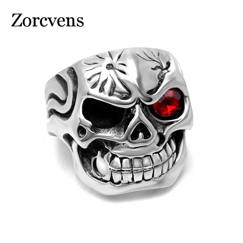 Мужское кольцо с черепом ZORCVENS готическое из нержавеющей стали красным фианитом в