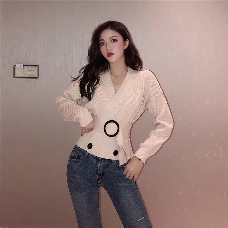 Elegant Sashes Slim Waist Sweater Cardigan Women V-neck Double Breasted Knitted Open Stitch Casual Jumper Autumn 2018 |