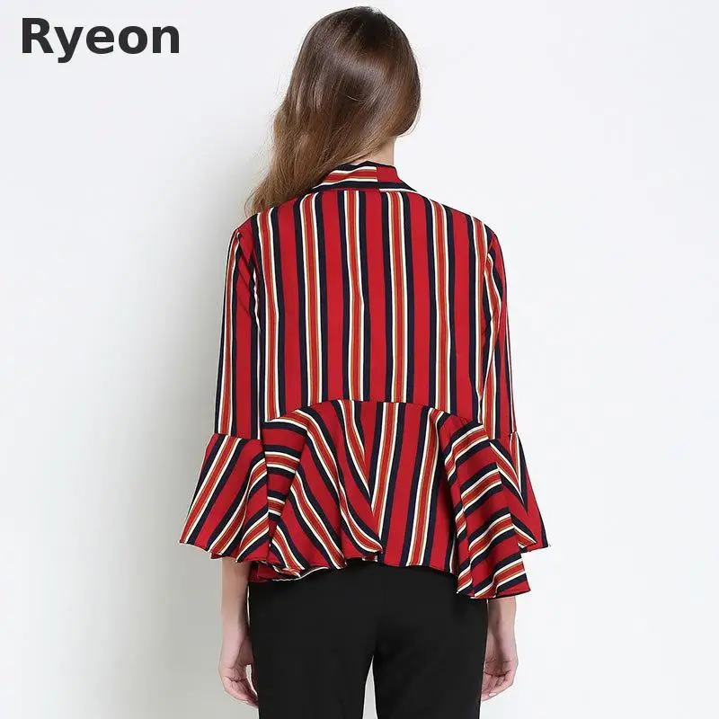Ryeon 5xl Plus Size Women Chiffon Blouses Striped Printing Regular Full Bow Neck Fashion Ruffle Blouse Blusa Mujer Blusas |