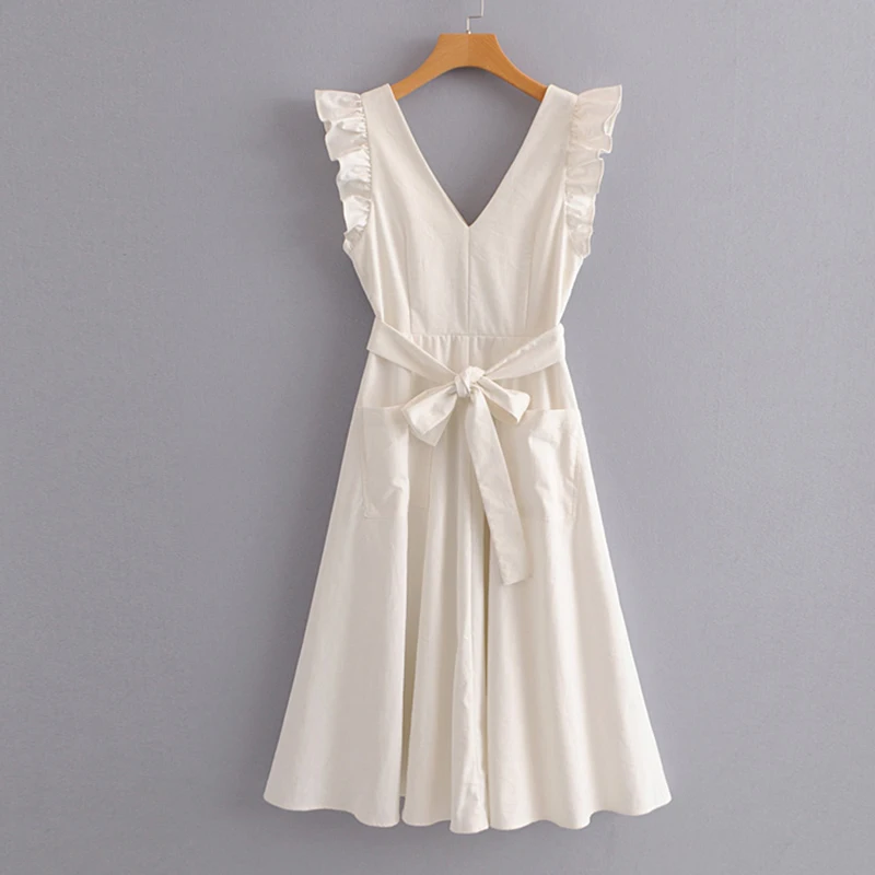Women's Clothing Dress 2019 Cotton Fabric Ruffled Waistband V-Neck Ms Summer Street Sexy Slim Fit Trend Fashion | Женская одежда