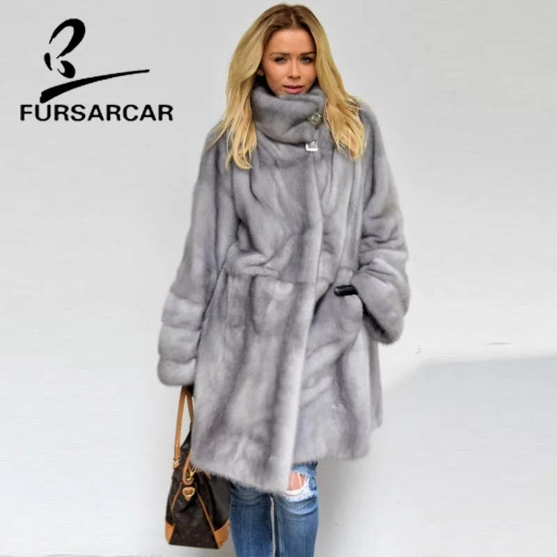 FURSARCAR 2020 новые настоящие женские 100% натуральные норковые пальто с меховым