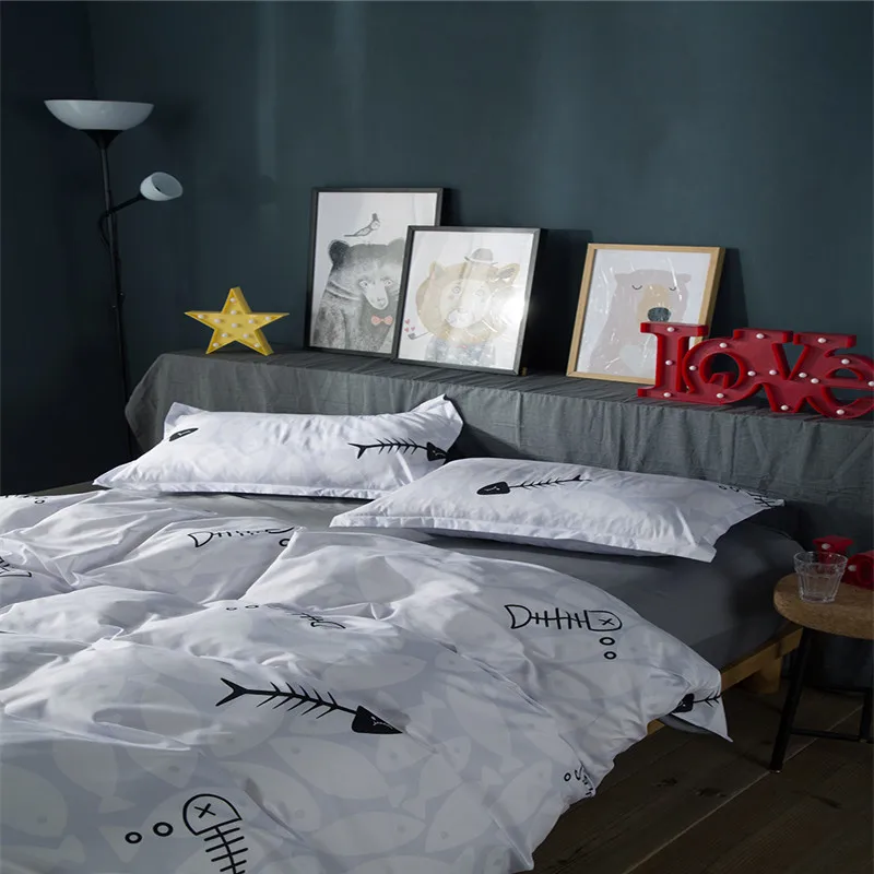 Мультфильм Современный серый белый рыбья кость рисунком дома постельные