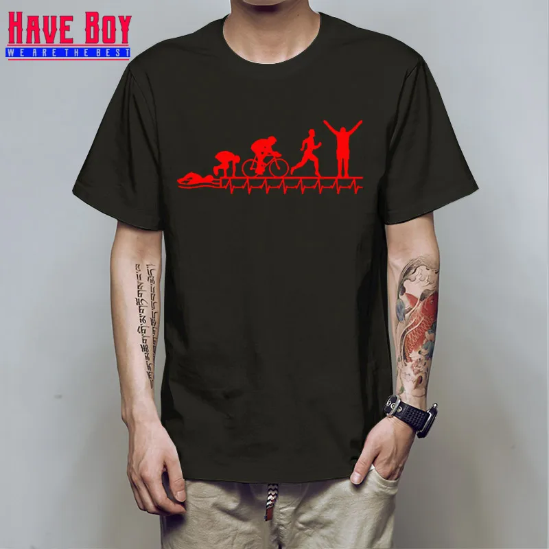 HAVE BOY Triathlon Ironman футболка для мужчин Триатлон сердцебиение Эволюция футболка для мужчин наряд Графический Мужской HB541 - Цвет: balck red