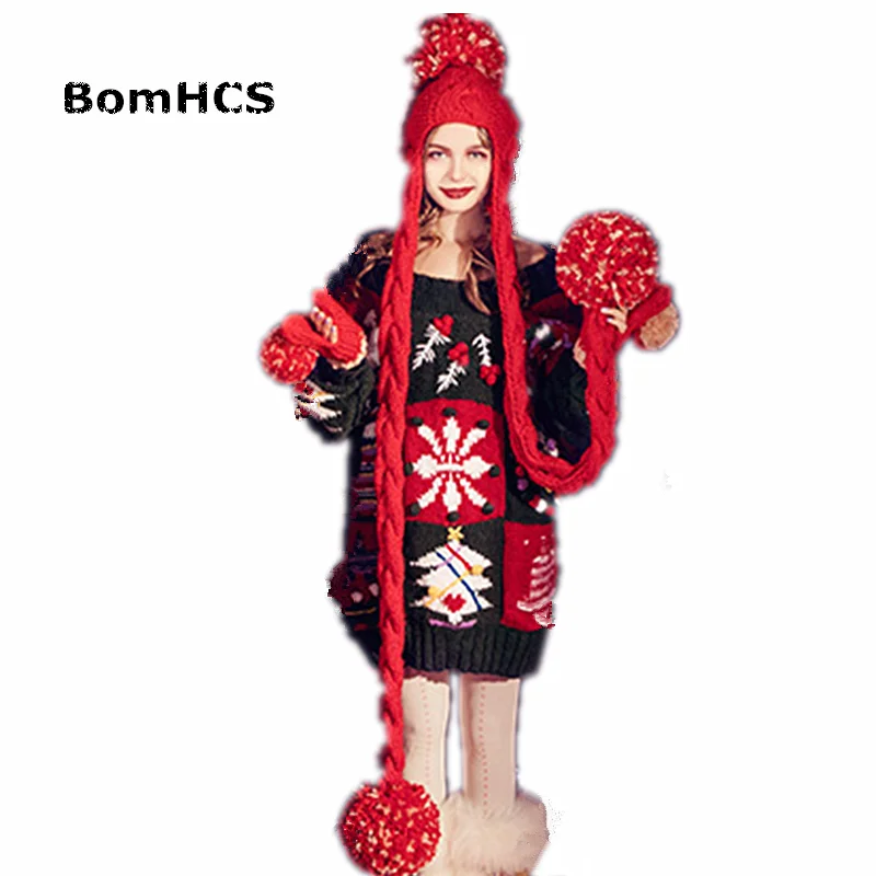 BomHCS Cute Big Pompoms (2PCS)Scarf with Beanie +Gloves 100% Handmade Knitted Hat Neckerchief Mittens