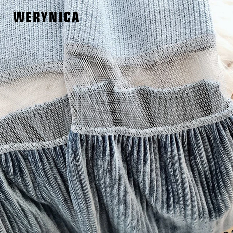 Женское трикотажное платье с поясом Werynica винтажное длинным рукавом и кружевом