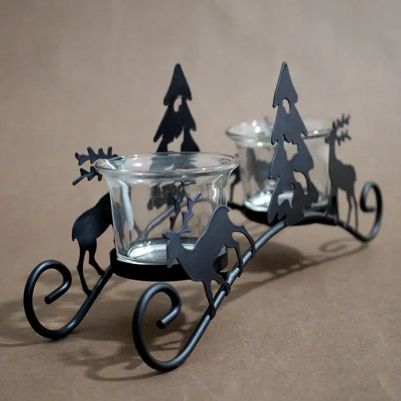

Christmas Tree Candle Holder Iron Deer Carriage Candlestick With 2 Light Glass Holder Wedding Party Home Decoration