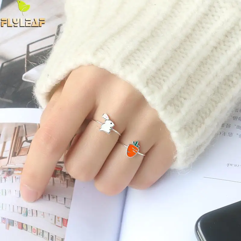 Flyleaf капля глазурь милый кролик морковка Открытые Кольца для женщин 2018 новый 925