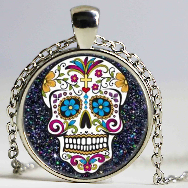 Ожерелье для мужчин и женщин кулон со стеклянным куполом в виде черепа черного