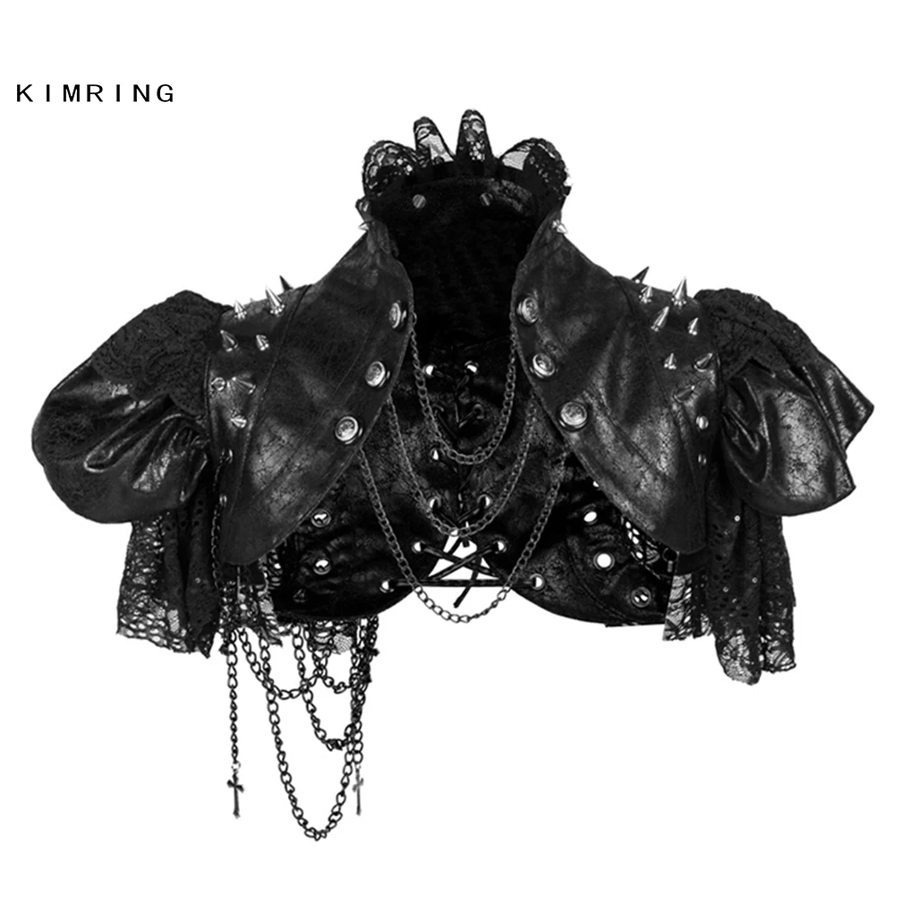 Kimring готическая Черная кружевная накидка из искусственной кожи Цепь стимпанк