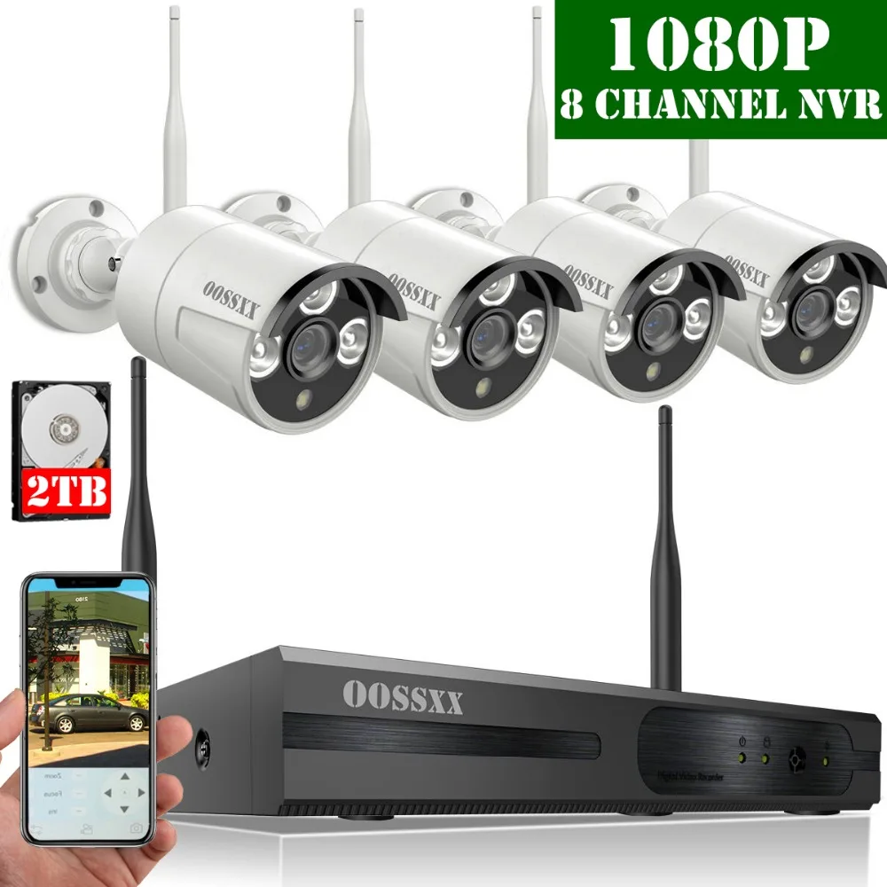 OOSSXX 8CH 1080P Беспроводной ноутбук CCTV-комплект системы камер 2.0MP Внутренний наружный IP66 IP P2P Видеонаблюдение