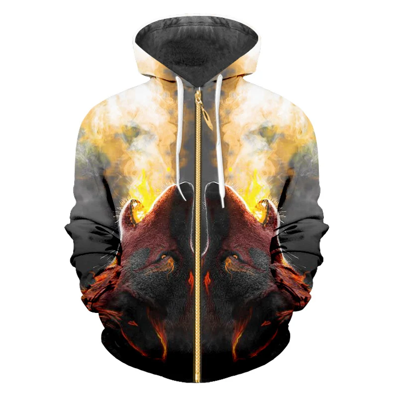 OGKB толстовки на молнии с принтом животных пожарный Волк 3d для мужчин/женщин