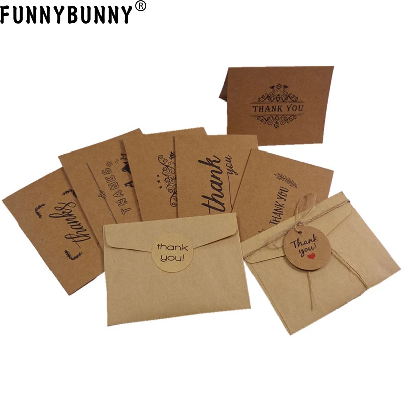FUNNBUNNY 6Sets Thank You Greeting Card kraft Paper Envelopes Seal Sticker Wedding Party Mini Brown | Дом и сад