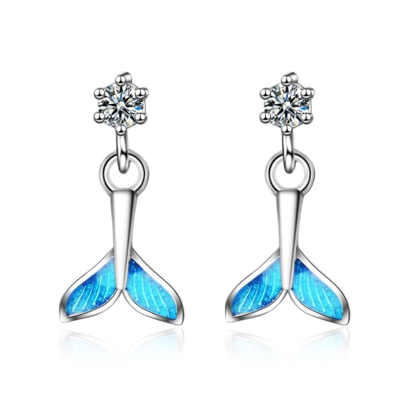 Sole Memory Blue Fishtail Zircon Cute Fresh Sweet 925 Sterling Silver Fashion Female Dangle Earrings SEA465 | Украшения и