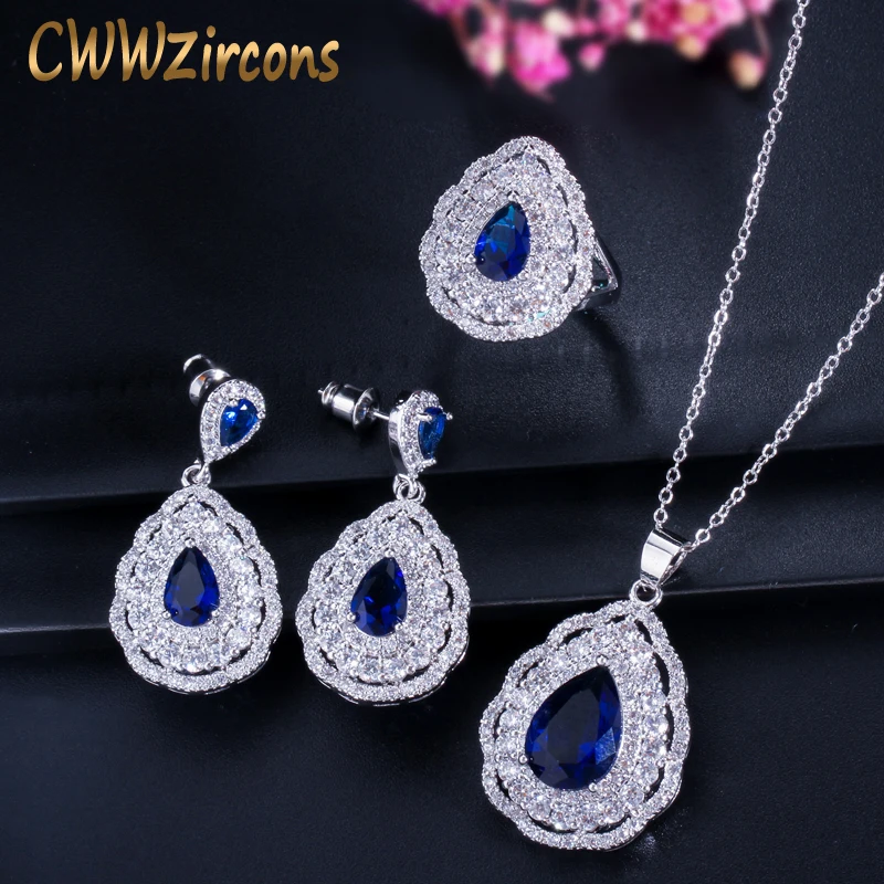 CWWZircons Ослепительная груша капля кольцо с фиолетовыми кристаллами серьги и ожерелье наборы модные женские 3 шт ювелирный набор T284