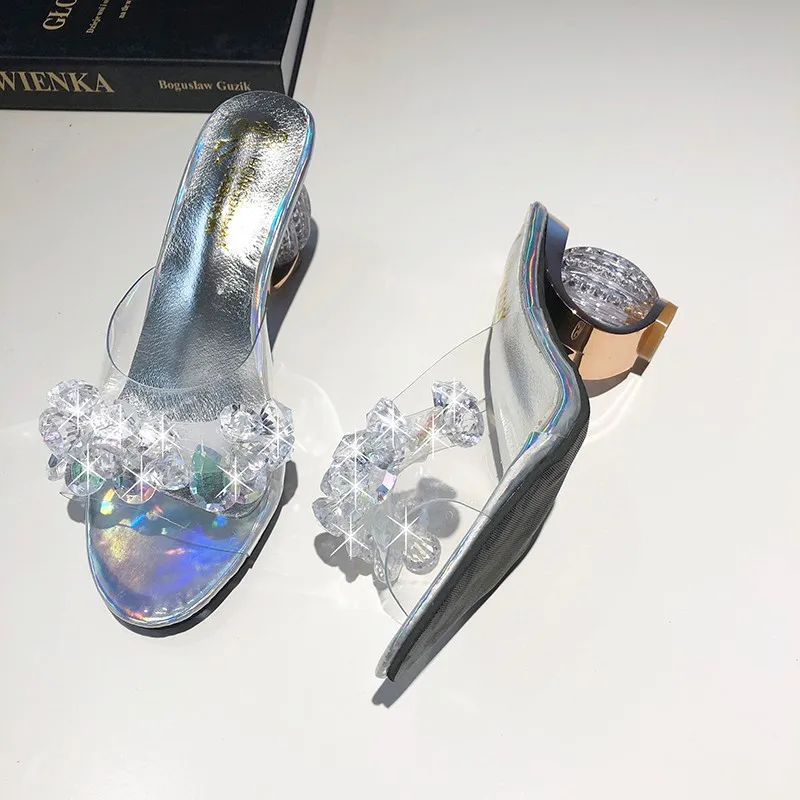 

2019 Summer Transparent Crystal Women Slippers Female Slides Square High Heels New Plus Size Beach Casual Shoes Woman Slippers