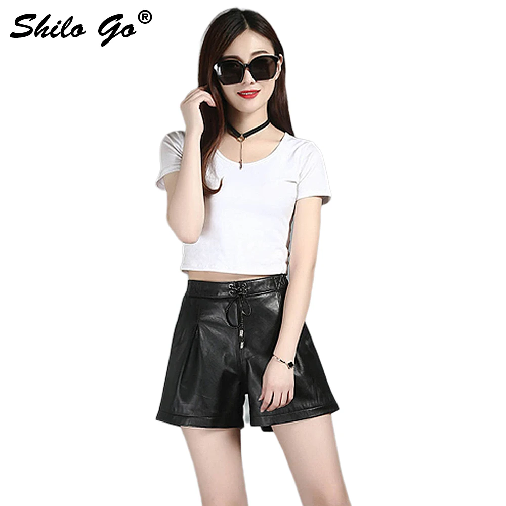 Leather Shorts Womens Autumn Fashion sheepskin genuine leather vintage adjustable high waist wide leg shorts | Женская одежда