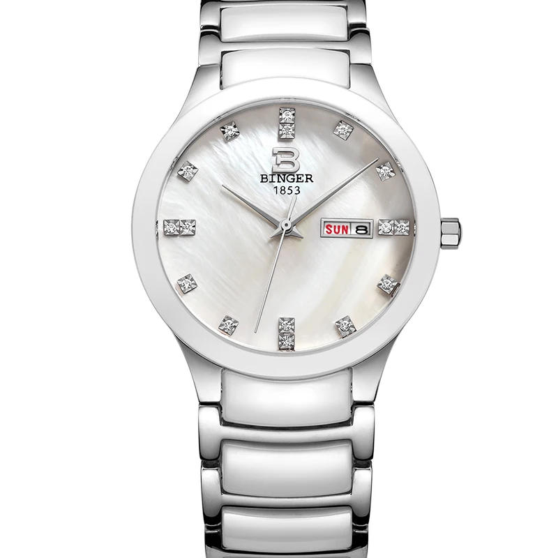 Часы BINGER мужские белые керамические с бриллиантами водонепроницаемые кварцевые