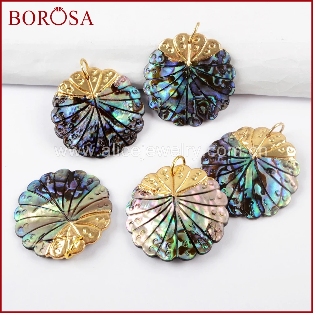 

BOROSA Wholesale 10PCS Gold Color Druzy Jewelry Pendant Abalone Shell Charm G1638
