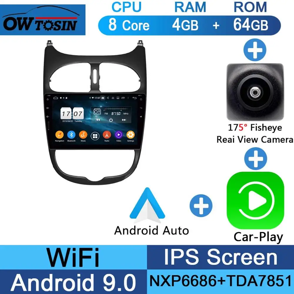 Fisheye Carplay n A " ips Восьмиядерный 4G ram+ 64G Android 9,0 автомобильный dvd-плеер для PG206 peugeot 206 PG gps навигация радио попугай BT Мультимедиа Стерео - Цвет: Fisheye Carplay n A