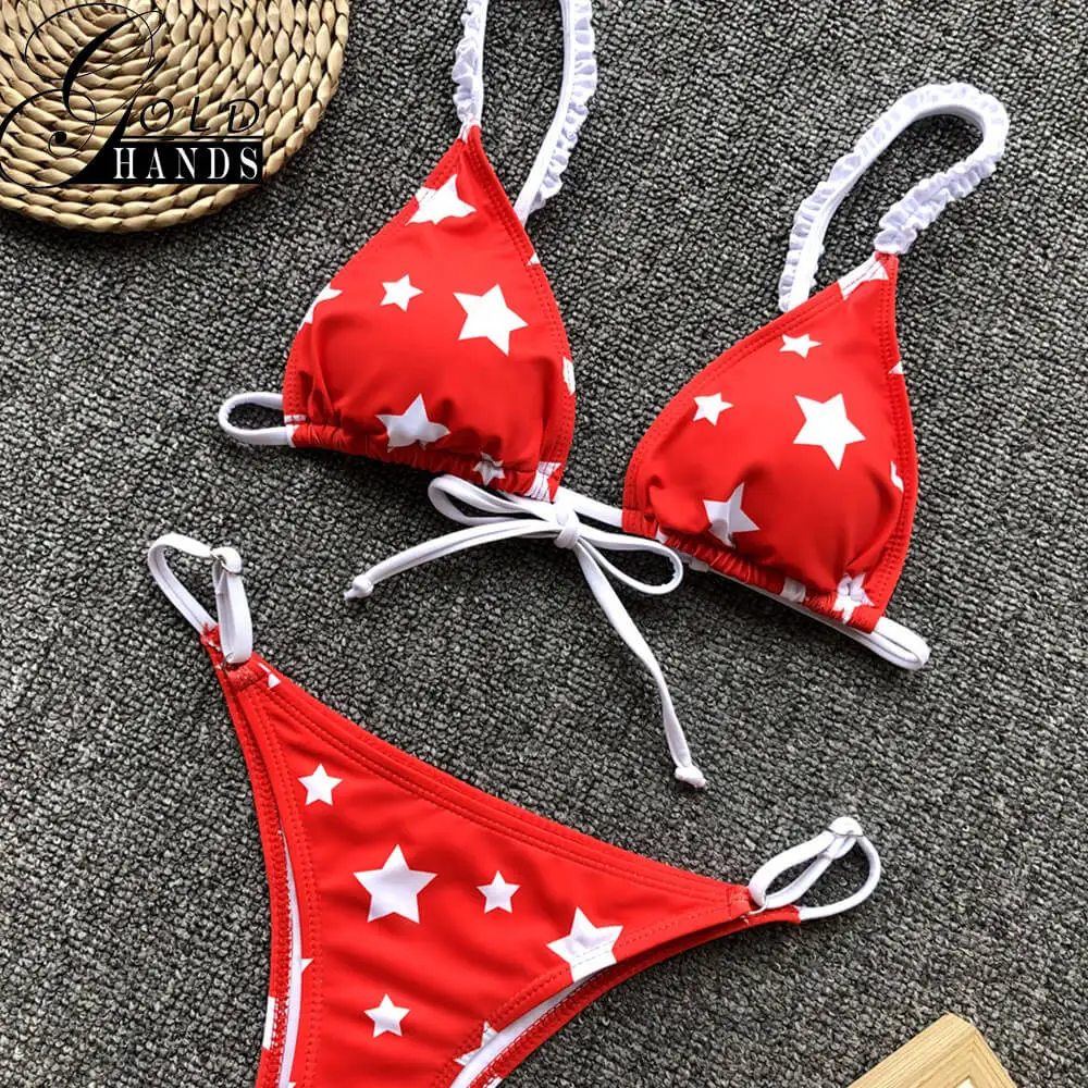 Женский купальник FDBRO красное бикини из двух предметов с принтом в виде звезд