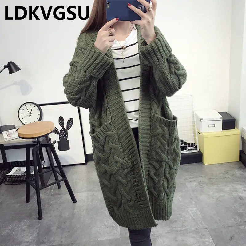 2018 Autumn Winter New Women's Korean Twist V-neck Knit Cardigan Loose Large Size Big Pocket Long Female Sweater Jacket Is1435 |