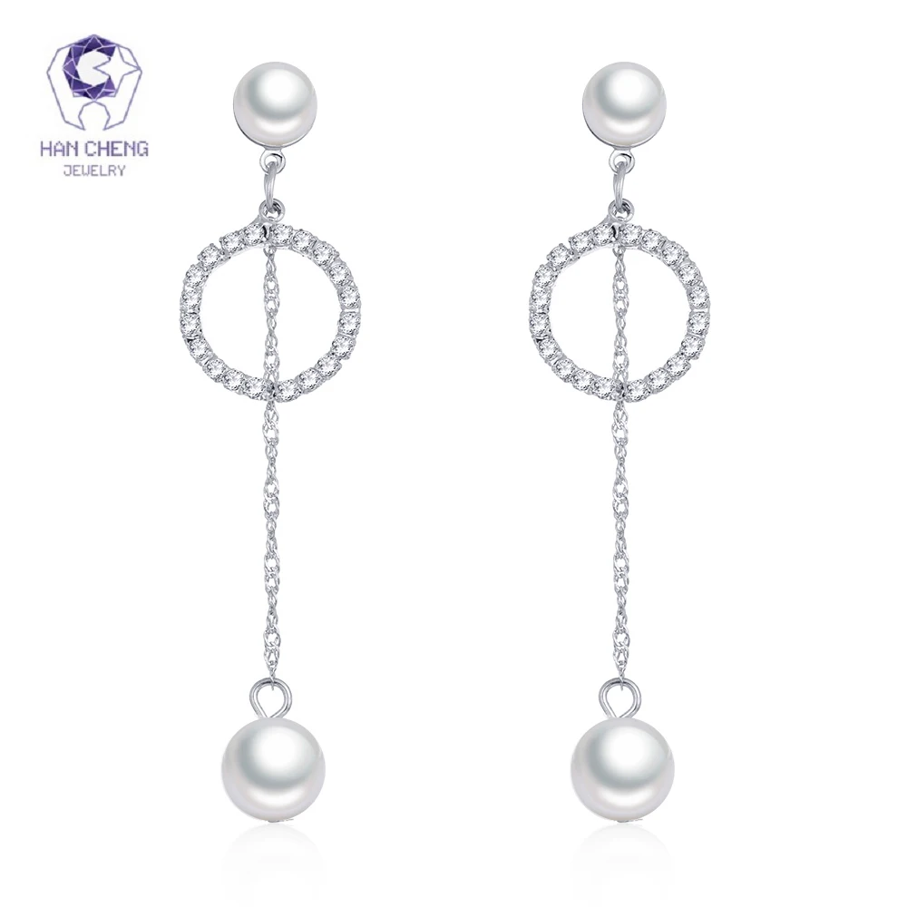 Женские длинные серьги подвески HanCheng круглые с жемчугом стразы Ювелирное