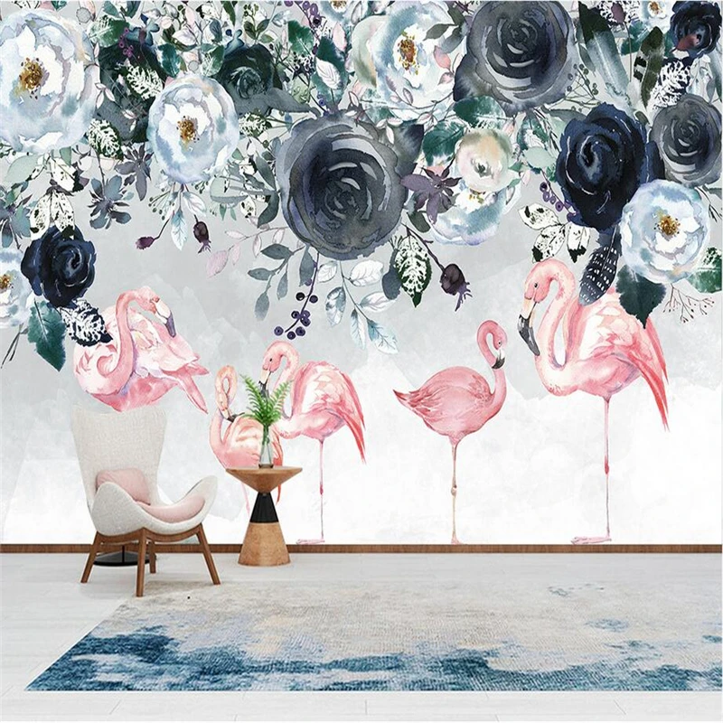 

Classic Wallpaper 3D Stereoscopic Flamingo Photo Wall Mural White Black Flower Wallpapers Wall Papers for Living Room Home Decor